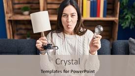  Presentation with tongue - PPT theme with young-brunette-woman-holding-led background and a soft green colored foreground