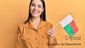  Presentation with madagascar flag - Presentation design consisting of young-brunette-woman-holding-madagascar background and a yellow colored foreground