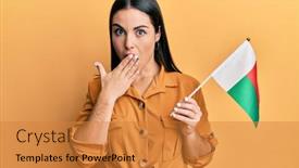  Presentation with madagascar flag - Slide deck having young-brunette-woman-holding-madagascar background and a gold colored foreground