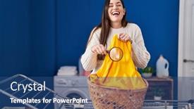  Presentation with looking glass - Slide set with young-brunette-woman-holding-magnifying background and a ocean colored foreground