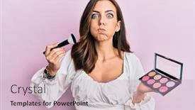  Presentation with blush - Cool new theme with young-brunette-woman-holding-makeup backdrop and a soft green colored foreground