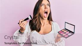  Presentation with blush - Audience pleasing presentation theme consisting of young-brunette-woman-holding-makeup backdrop and a soft green colored foreground