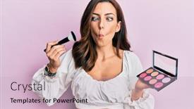  Presentation with blush - Slide deck having young-brunette-woman-holding-makeup background and a soft green colored foreground
