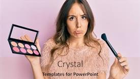  Presentation with blush - Beautiful presentation featuring young-brunette-woman-holding-makeup backdrop and a coral colored foreground