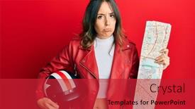  Presentation with motorbike - Presentation with young-brunette-woman-holding-motorbike background and a red colored foreground