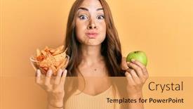  Presentation with nachos - Colorful presentation design enhanced with young-brunette-woman-holding-nachos backdrop and a yellow colored foreground