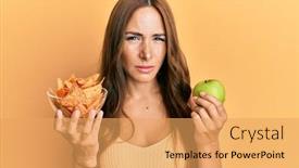  Presentation with nachos - PPT layouts with young-brunette-woman-holding-nachos background and a yellow colored foreground
