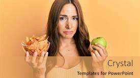  Presentation with nachos - Presentation theme consisting of young-brunette-woman-holding-nachos background and a yellow colored foreground