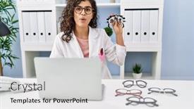  Presentation with optometry - Presentation theme consisting of young-brunette-woman-holding-optometry background and a light gray colored foreground