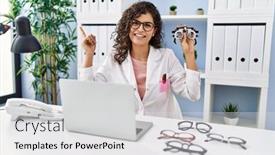  Presentation with optometry - PPT theme featuring young-brunette-woman-holding-optometry background and a light gray colored foreground