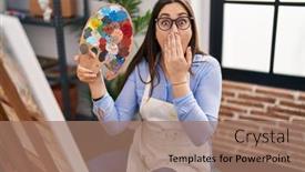  Presentation with mouth - Presentation design with young-brunette-woman-holding-painter background and a coral colored foreground