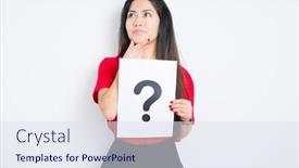  Presentation with thinking - PPT theme with questions - young brunette woman holding paper background and a sky blue colored foreground
