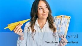  Presentation with paper - Presentation design with young-brunette-woman-holding-paper background and a light blue colored foreground