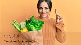  Presentation with paper bag - Slides featuring young-brunette-woman-holding-paper background and a coral colored foreground