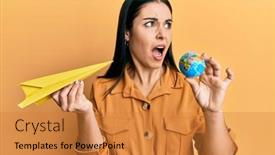  Presentation with woman world - Cool new presentation design with young-brunette-woman-holding-paper backdrop and a gold colored foreground