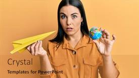  Presentation with woman world - Beautiful PPT theme featuring young-brunette-woman-holding-paper backdrop and a gold colored foreground