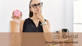  Presentation with piggy bank - Presentation consisting of young-brunette-woman-holding-piggy background and a coral colored foreground