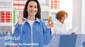  Presentation with pills - Presentation theme having young-brunette-woman-holding-pills background and a teal colored foreground