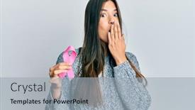  Presentation with pink ribbon - PPT theme consisting of young-brunette-woman-holding-pink background and a light gray colored foreground