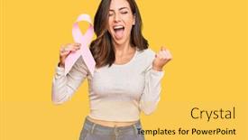  Presentation with pink ribbon - Presentation design enhanced with young-brunette-woman-holding-pink background and a yellow colored foreground