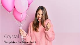  Presentation with pink - Beautiful PPT theme featuring young-brunette-woman-holding-pink backdrop and a coral colored foreground