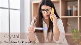  Presentation with pregnancy - PPT theme consisting of young-brunette-woman-holding-pregnancy background and a coral colored foreground