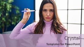  Presentation with pregnancy - PPT theme enhanced with young-brunette-woman-holding-pregnancy background and a light blue colored foreground