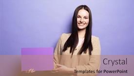  Presentation with advertising - Presentation with young-brunette-woman-holding-purple background and a  colored foreground