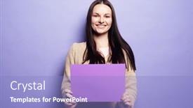  Presentation with advertising - Presentation theme consisting of young-brunette-woman-holding-purple background and a light blue colored foreground