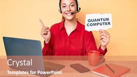  Presentation with quantum computer - Beautiful PPT layouts featuring young-brunette-woman-holding-quantum backdrop and a coral colored foreground