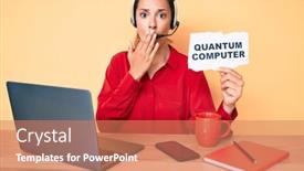  Presentation with quantum computer - Colorful PPT theme enhanced with young-brunette-woman-holding-quantum backdrop and a coral colored foreground