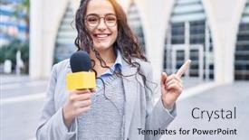  Presentation with microphone - Slide set featuring young-brunette-woman-holding-reporter background and a light blue colored foreground