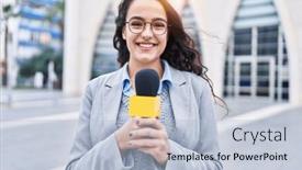  Presentation with microphone - Slides enhanced with young-brunette-woman-holding-reporter background and a light blue colored foreground