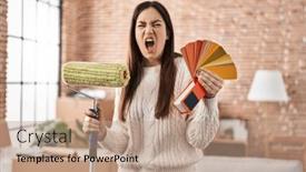  Presentation with paint roller - Presentation theme with young-brunette-woman-holding-roller background and a coral colored foreground