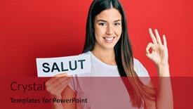  Presentation with friendly - Colorful PPT theme enhanced with young-brunette-woman-holding-salut backdrop and a crimson colored foreground