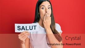  Presentation with mouth - Beautiful PPT layouts featuring young-brunette-woman-holding-salut backdrop and a coral colored foreground