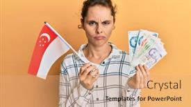  Presentation with woman crying - PPT layouts having young-brunette-woman-holding-singapore background and a coral colored foreground