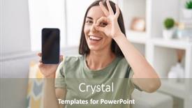  Presentation with smartphone - Presentation having young-brunette-woman-holding-smartphone background and a  colored foreground