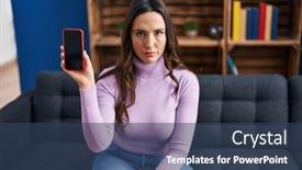  Presentation with attitude - Slides with young-brunette-woman-holding-smartphone background and a ocean colored foreground