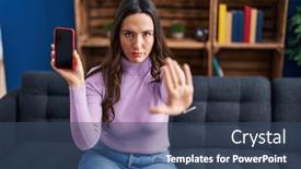 Presentation with defense - PPT layouts having young-brunette-woman-holding-smartphone background and a ocean colored foreground