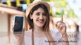  Presentation with smartphone - PPT layouts consisting of young-brunette-woman-holding-smartphone background and a coral colored foreground