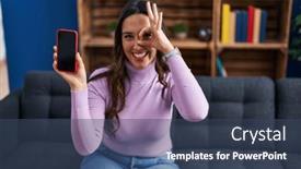  Presentation with smartphone - PPT theme enhanced with young-brunette-woman-holding-smartphone background and a  colored foreground