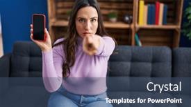  Presentation with smartphone - Presentation consisting of young-brunette-woman-holding-smartphone background and a  colored foreground