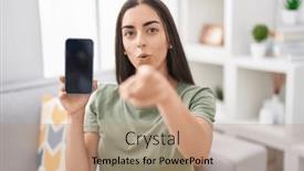  Presentation with smartphone - Slide deck with young-brunette-woman-holding-smartphone background and a  colored foreground