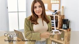  Presentation with solar electricity - PPT layouts consisting of young-brunette-woman-holding-solar background and a coral colored foreground