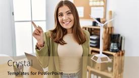  Presentation with solar electricity - Slides consisting of young-brunette-woman-holding-solar background and a coral colored foreground