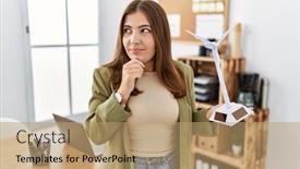  Presentation with solar electricity - Theme enhanced with young-brunette-woman-holding-solar background and a coral colored foreground