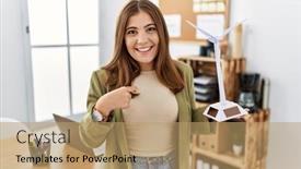  Presentation with solar electricity - Slide set consisting of young-brunette-woman-holding-solar background and a  colored foreground