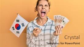  Presentation with south korean - PPT layouts featuring young-brunette-woman-holding-south background and a yellow colored foreground