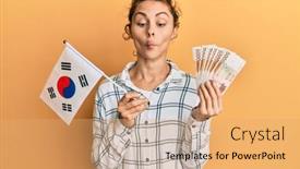  Presentation with south korean - Slide set enhanced with young-brunette-woman-holding-south background and a coral colored foreground